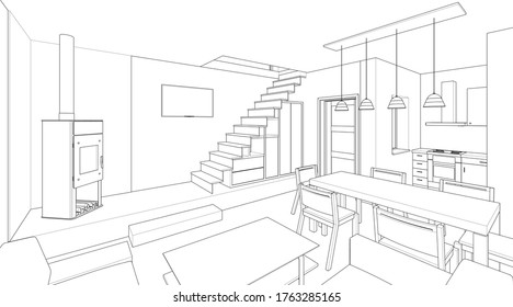 cocina interior sala de estar 3d ilustración
