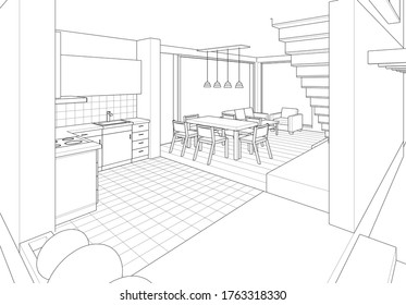 interior kitchen living room 3d illustration