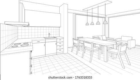 interior kitchen living room 3d illustration