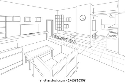 cocina interior sala de estar 3d ilustración