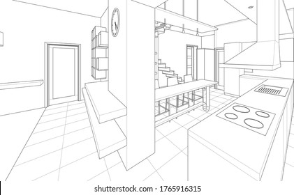 interior kitchen living room 3d illustration