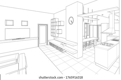 interior kitchen living room 3d illustration