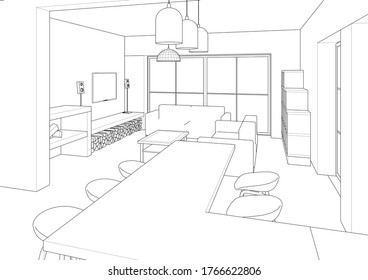 interior kitchen living room 3d illustration