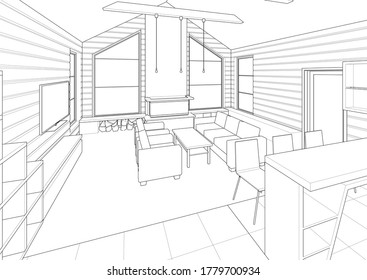 interior kitchen living room 3d illustration