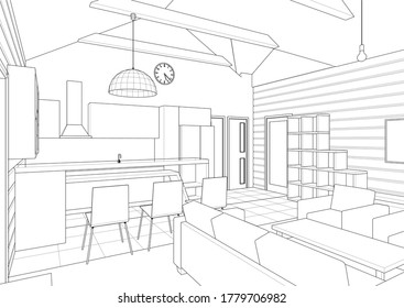 cocina interior sala de estar 3d ilustración