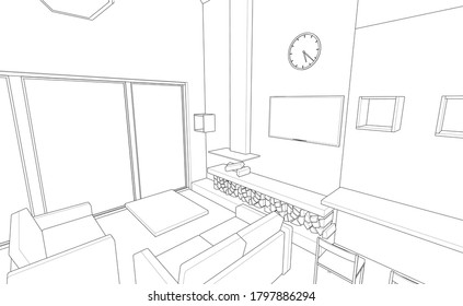 interior kitchen living room 3d illustration