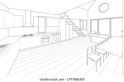 interior kitchen living room 3d illustration