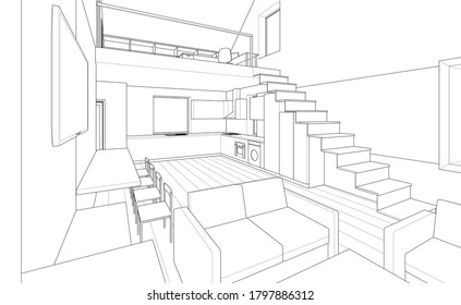 interior kitchen living room 3d illustration