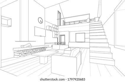 interior kitchen living room 3d illustration