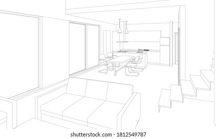 cocina interior sala de estar 3d ilustración