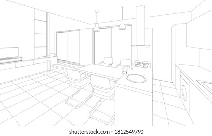 interior kitchen living room 3d illustration