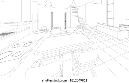 interior kitchen living room 3d illustration