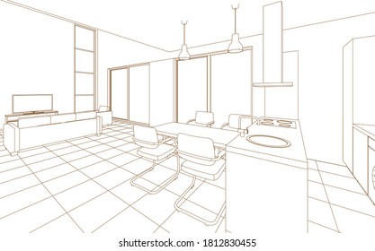 cocina interior sala de estar 3d ilustración