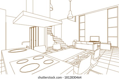 cocina interior sala de estar 3d ilustración