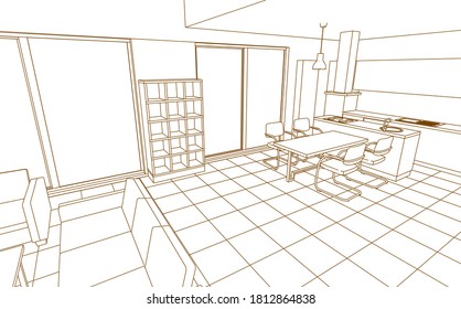 interior kitchen living room 3d illustration
