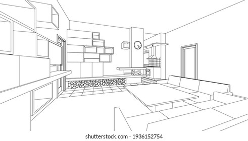 interior kitchen living room 3d illustration