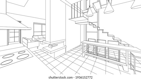 cocina interior sala de estar 3d ilustración