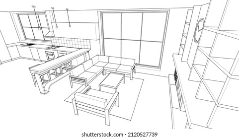 interior kitchen living room 3d illustration