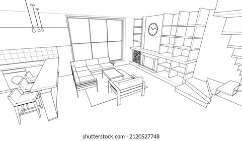 cocina interior sala de estar 3d ilustración