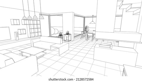 interior kitchen living room 3d illustration