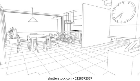 interior kitchen living room 3d illustration