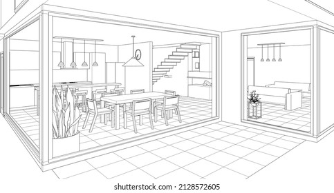 interior kitchen living room 3d illustration