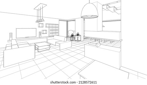 cocina interior sala de estar 3d ilustración