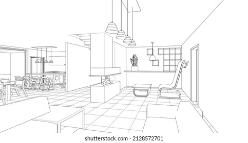 interior kitchen living room 3d illustration - Shutterstock ID 2128572701