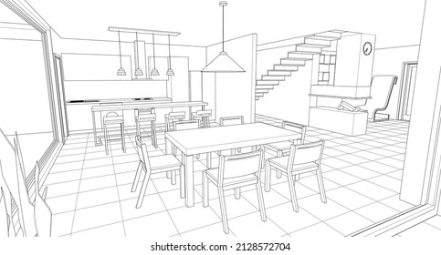 cocina interior sala de estar 3d ilustración