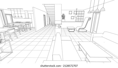 interior kitchen living room 3d illustration
