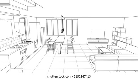 interior kitchen living room 3d illustration
