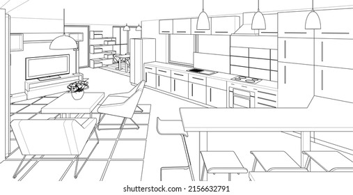 interior kitchen living room 3d illustration