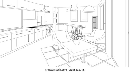 interior kitchen living room 3d illustration