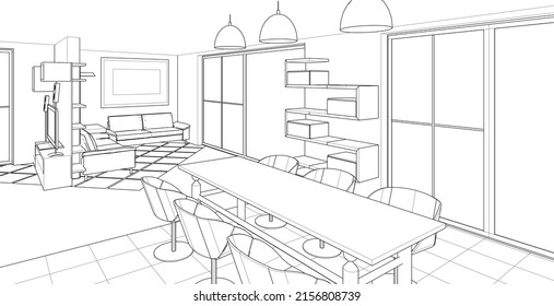 interior kitchen living room 3d illustration