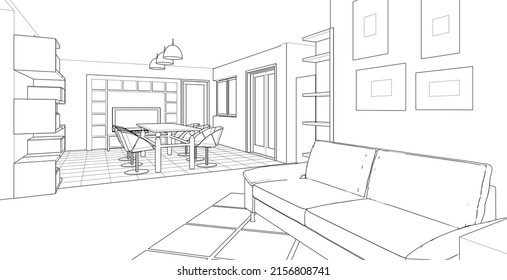 cocina interior sala de estar 3d ilustración