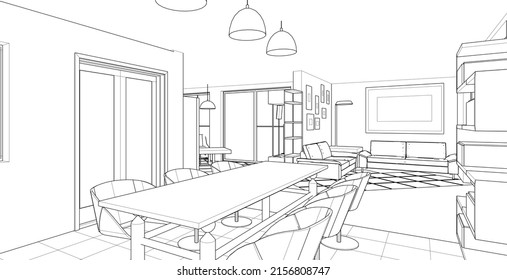 interior kitchen living room 3d illustration