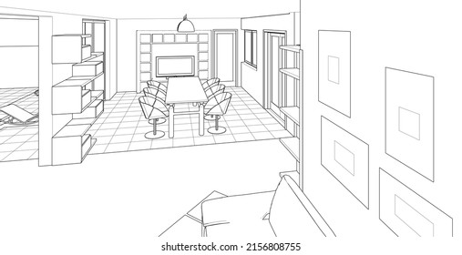 interior kitchen living room 3d illustration