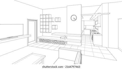 interior kitchen living room 3d illustration
