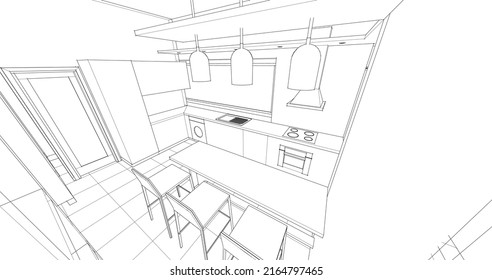 cocina interior sala de estar 3d ilustración