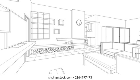 interior kitchen living room 3d illustration