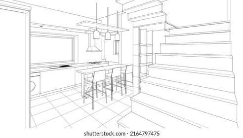 interior kitchen living room 3d illustration