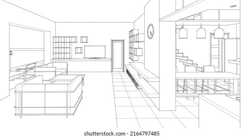 cocina interior sala de estar 3d ilustración