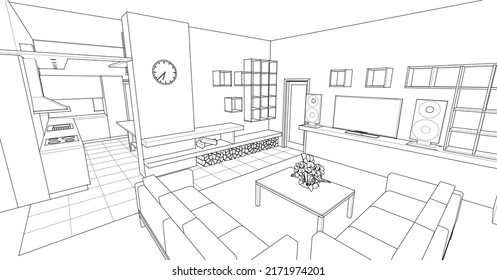 cocina interior sala de estar 3d ilustración