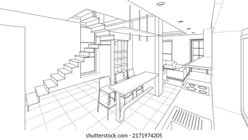 interior kitchen living room 3d illustration