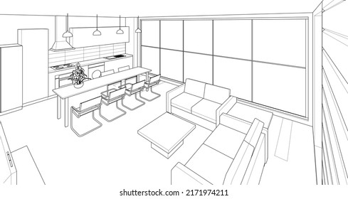 interior kitchen living room 3d illustration