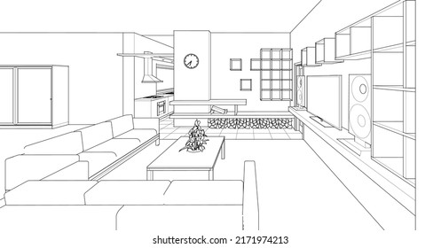 interior kitchen living room 3d illustration