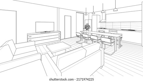 interior kitchen living room 3d illustration