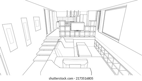 cocina interior sala de estar 3d ilustración