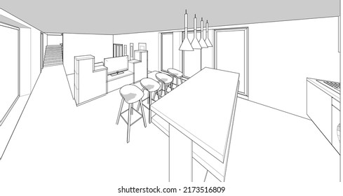 cocina interior sala de estar 3d ilustración