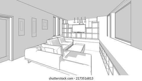 interior kitchen living room 3d illustration